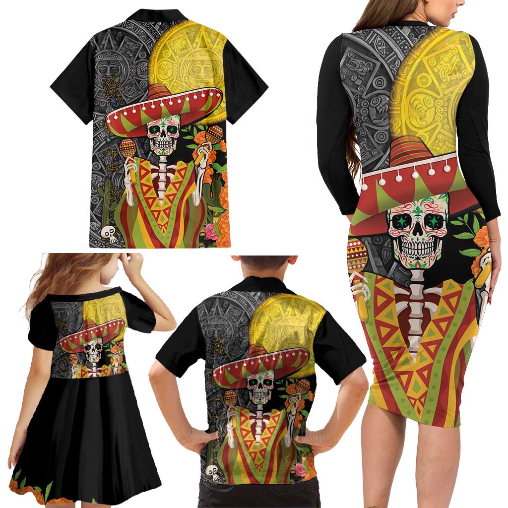 Mexico Dia De Los Muertos Family Matching Long Sleeve Bodycon Dress and Hawaiian Shirt Sugar Skull Sombrero Aztec Pattern