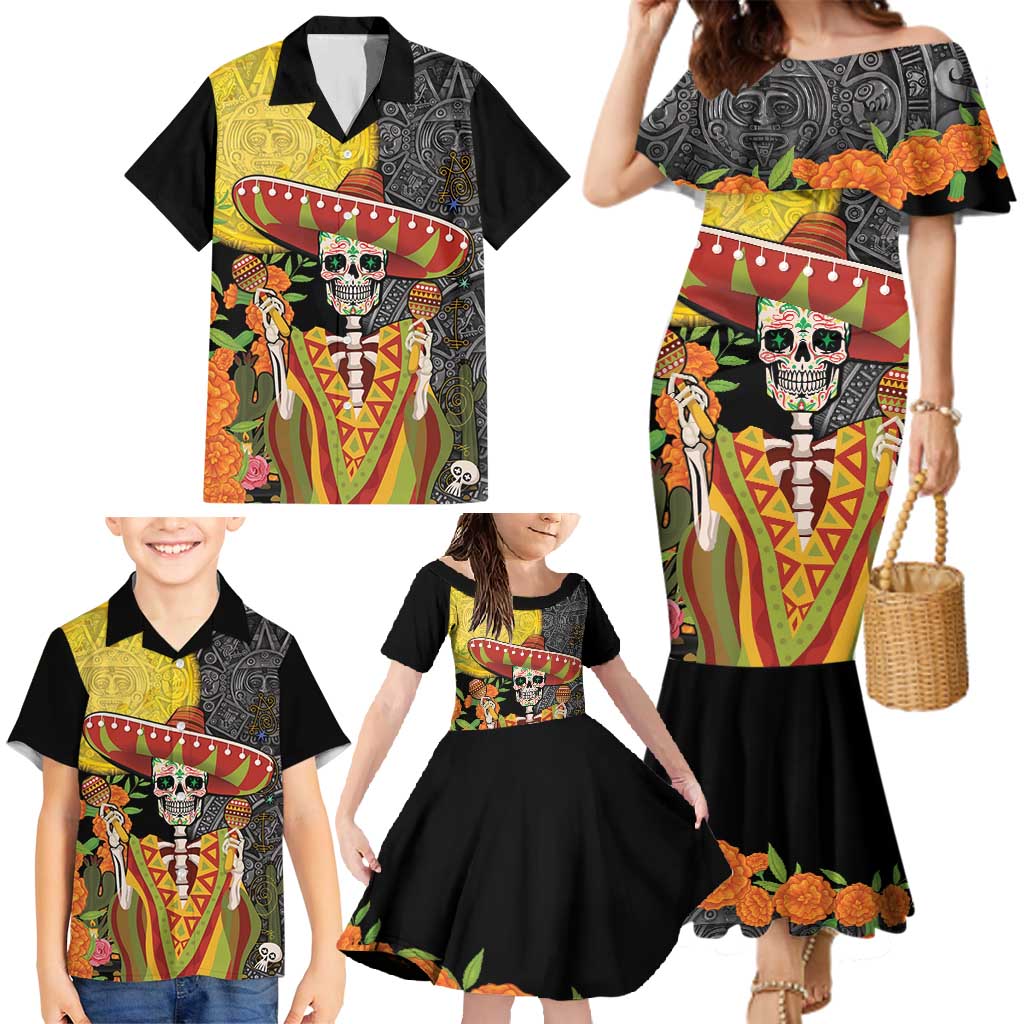 Mexico Dia De Los Muertos Family Matching Mermaid Dress and Hawaiian Shirt Sugar Skull Sombrero Aztec Pattern