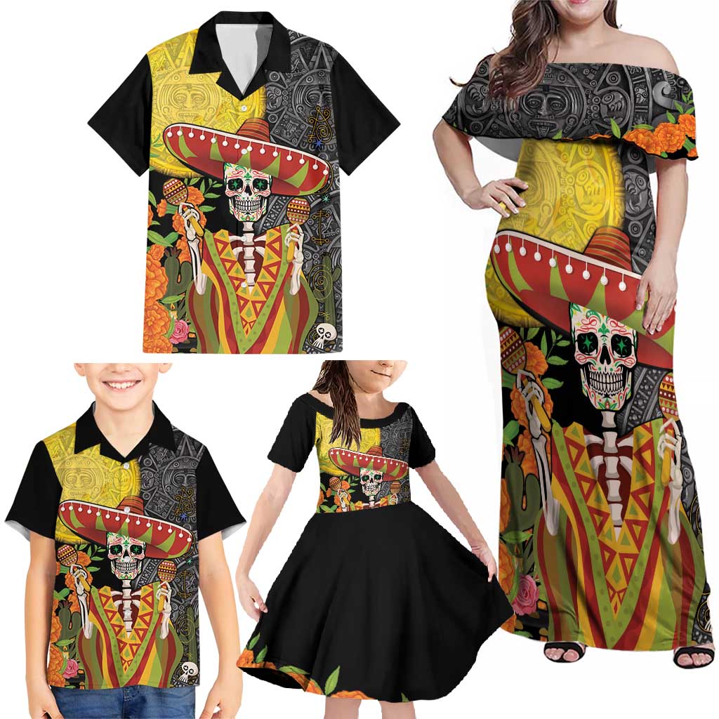 Mexico Dia De Los Muertos Family Matching Off Shoulder Maxi Dress and Hawaiian Shirt Sugar Skull Sombrero Aztec Pattern