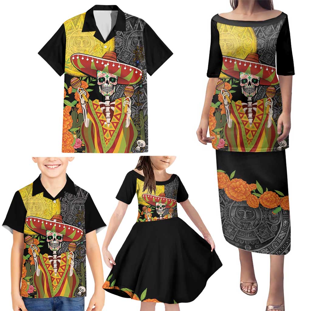 Mexico Dia De Los Muertos Family Matching Puletasi and Hawaiian Shirt Sugar Skull Sombrero Aztec Pattern