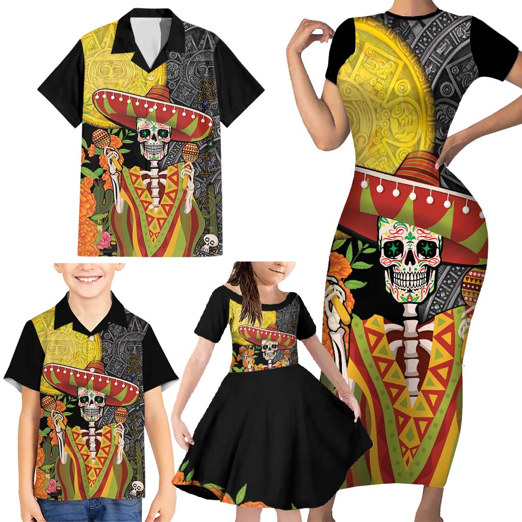 Mexico Dia De Los Muertos Family Matching Short Sleeve Bodycon Dress and Hawaiian Shirt Sugar Skull Sombrero Aztec Pattern