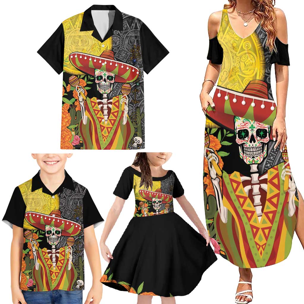 Mexico Dia De Los Muertos Family Matching Summer Maxi Dress and Hawaiian Shirt Sugar Skull Sombrero Aztec Pattern