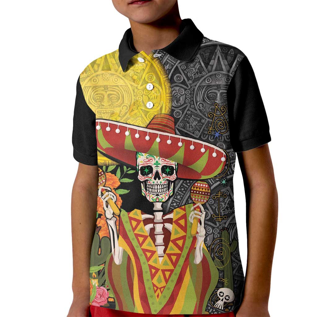 Mexico Dia De Los Muertos Kid Polo Shirt Sugar Skull Sombrero Aztec Pattern