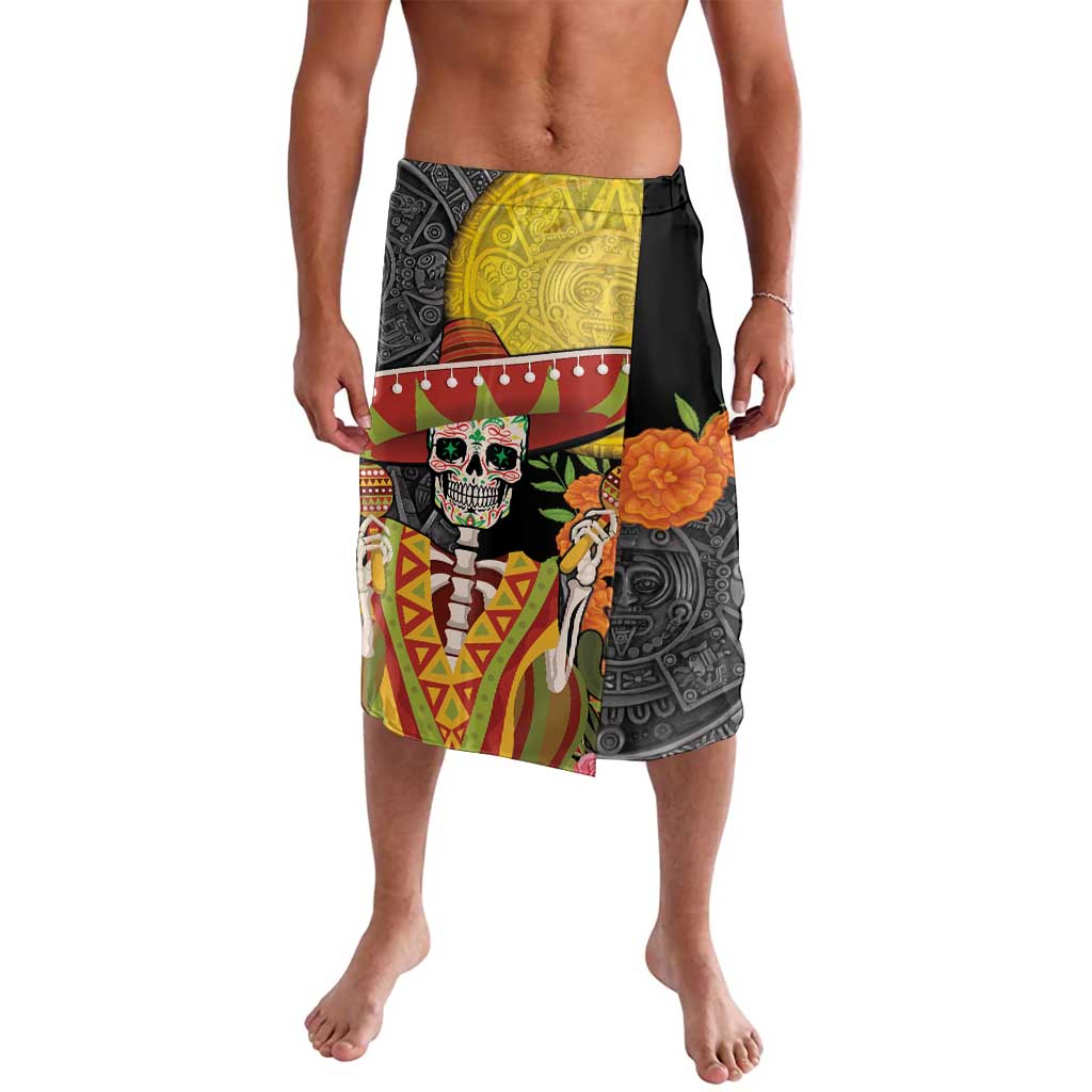 Black board shorts with sugar skull, Aztec patterns, and orange rose print panel