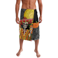 Black board shorts with sugar skull, Aztec patterns, and orange rose print panel