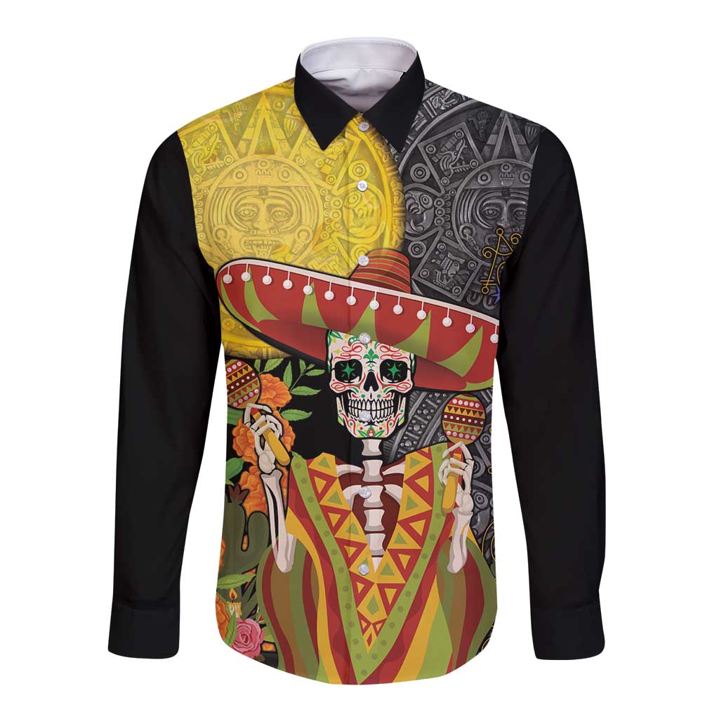 Black long sleeve button shirt with colorful sugar skull, sombrero and Aztec pattern front