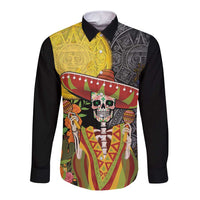 Black long sleeve button shirt with colorful sugar skull, sombrero and Aztec pattern front