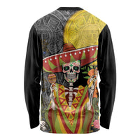 Unisex long sleeve black shirt, back view, with sugar skull sombrero and aztec pattern