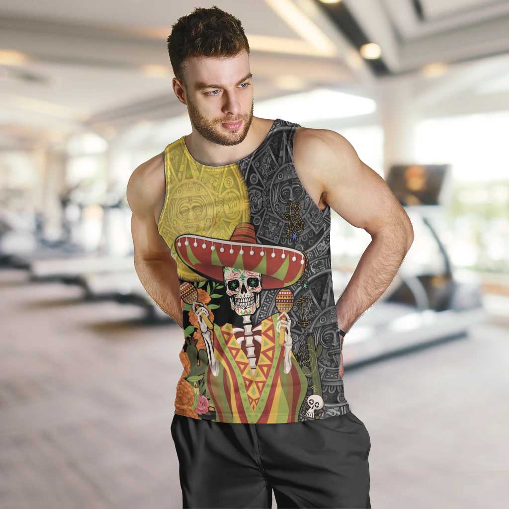 Mexico Dia De Los Muertos Men Tank Top Sugar Skull Sombrero Aztec Pattern - Wonder Print Shop