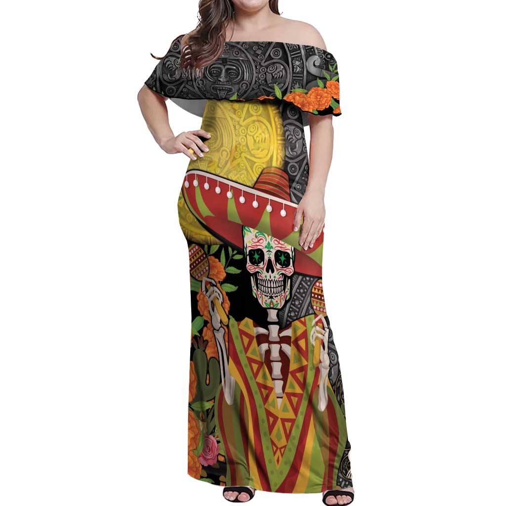 Mexico Dia De Los Muertos Off Shoulder Maxi Dress Sugar Skull Sombrero Aztec Pattern