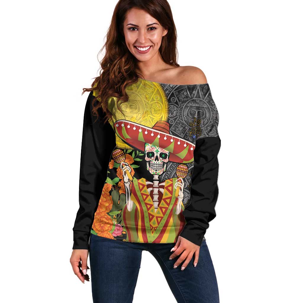 Mexico Dia De Los Muertos Off Shoulder Sweater Sugar Skull Sombrero Aztec Pattern - Wonder Print Shop