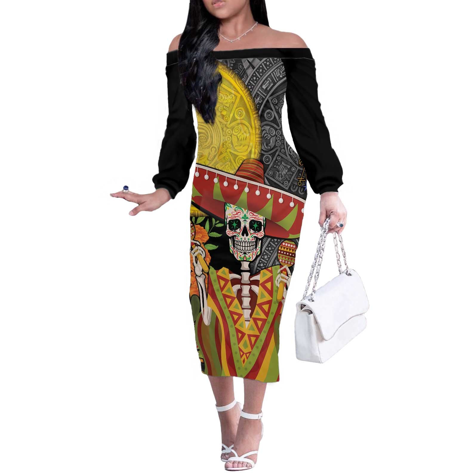 Mexico Dia De Los Muertos Off The Shoulder Long Sleeve Dress Sugar Skull Sombrero Aztec Pattern