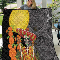 Black quilt with quilted texture, large yellow moon, sugar skull sombrero and orange flowers