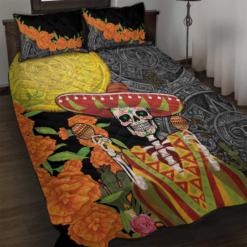 Mexico Dia De Los Muertos Quilt Bed Set Sugar Skull Sombrero Aztec Pattern