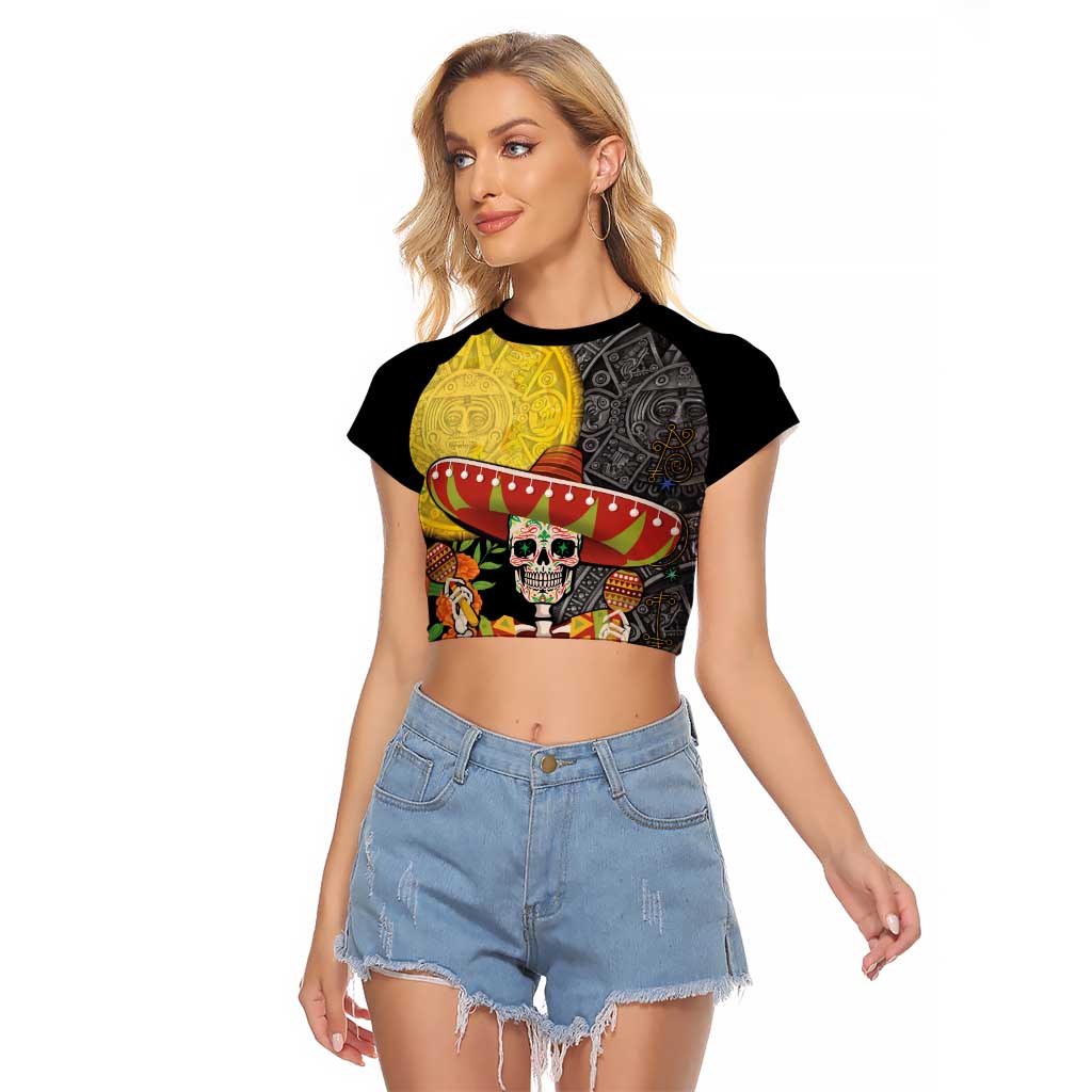 Mexico Dia De Los Muertos Raglan Cropped T Shirt Sugar Skull Sombrero Aztec Pattern