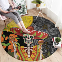 Round sugar skull themed carpet with sombrero and Aztec motifs, black and yellow colorway