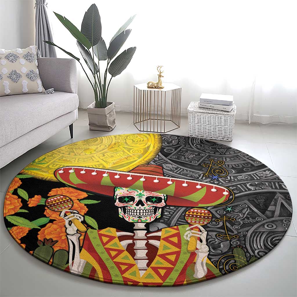 Round festive day of the dead rug featuring skulls, sombrero and Aztec pattern, black and yellow
