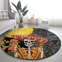 Round festive day of the dead rug featuring skulls, sombrero and Aztec pattern, black and yellow