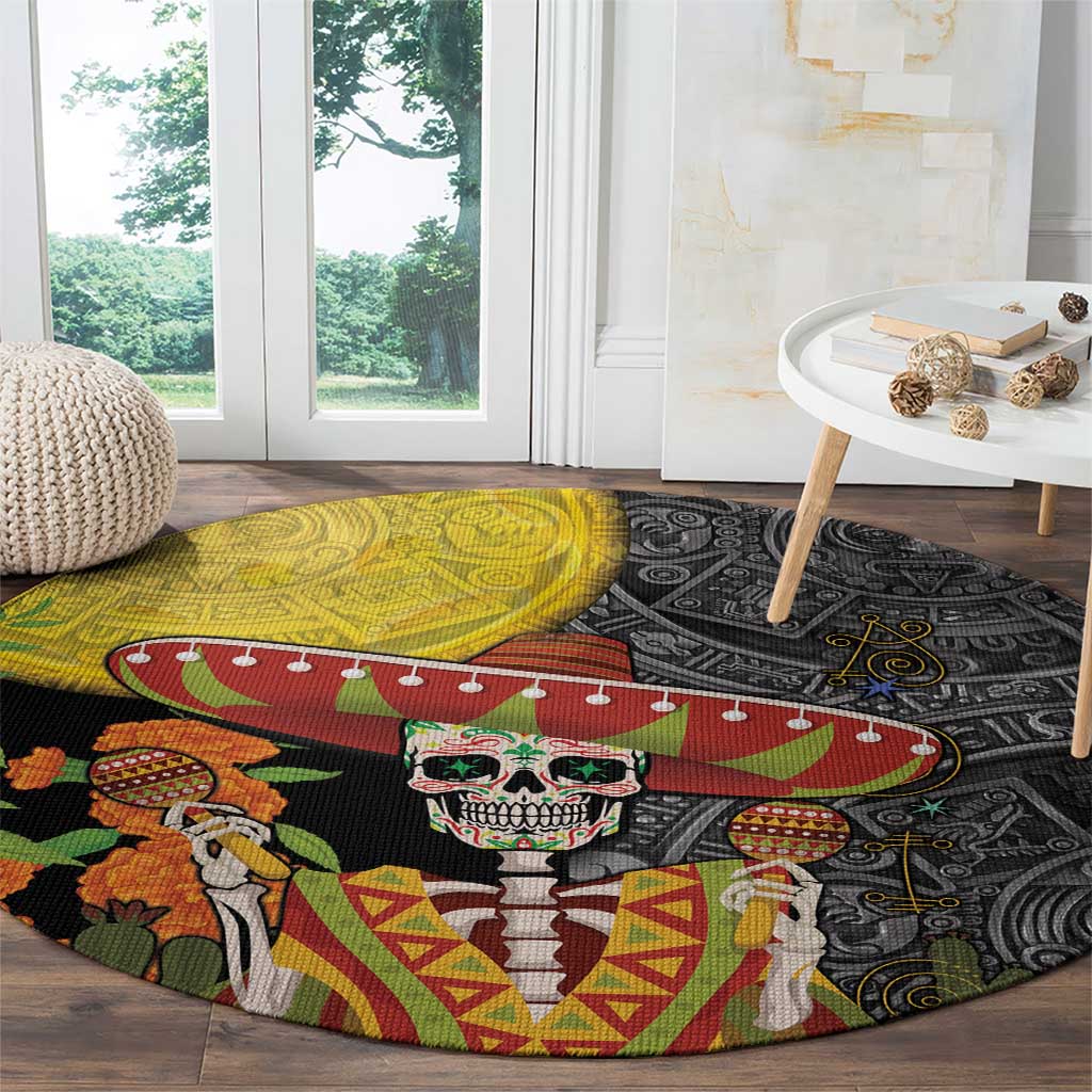 Round Dia de los Muertos rug with skull face, sombrero, and Aztec designs on black and yellow