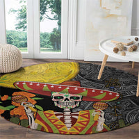 Round Dia de los Muertos rug with skull face, sombrero, and Aztec designs on black and yellow