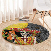 Round round carpet rug with day of the dead skull and sombrero illustration, black and yellow