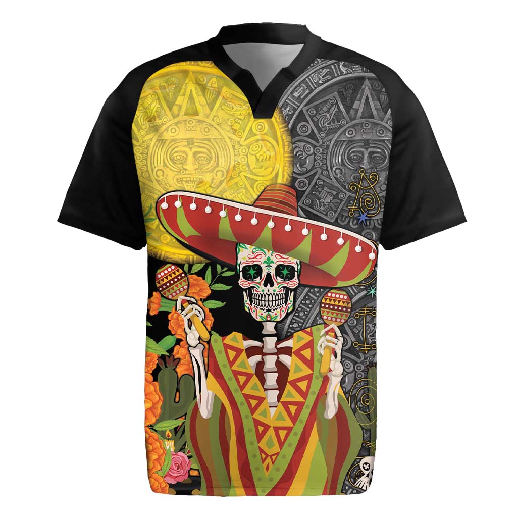 Mexico Dia De Los Muertos Rugby Jersey Sugar Skull Sombrero Aztec Pattern