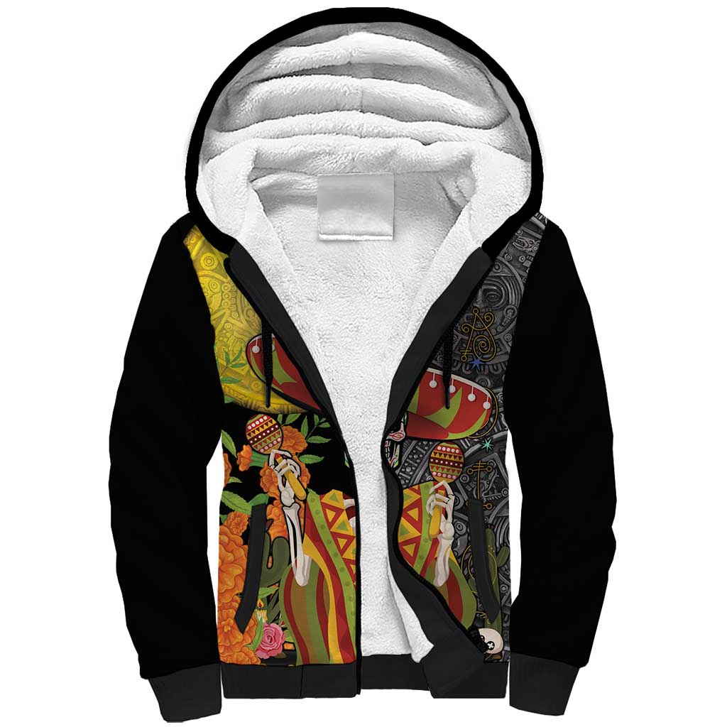 Mexico Dia De Los Muertos Sherpa Hoodie Sugar Skull Sombrero Aztec Pattern