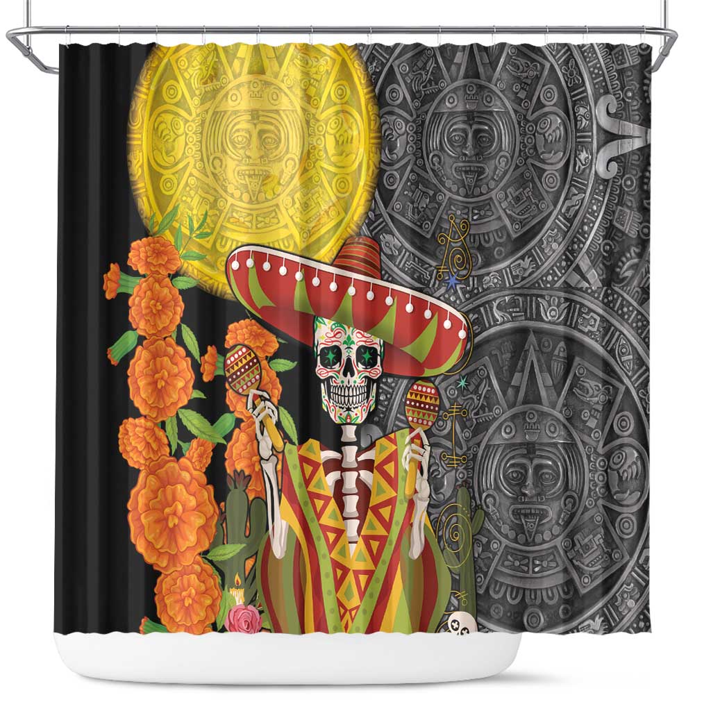 Mexico Dia De Los Muertos Shower Curtain Sugar Skull Sombrero Aztec Pattern