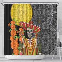 Black shower curtain with golden sun disk and Dia de los Muertos skull, orange marigold garlands