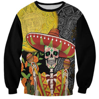 Unisex black sweatshirt with front sugar skull in sombrero, yellow and gray Aztec motifs