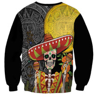 Unisex black sweatshirt with sugar skull and sombrero, Aztec-style patterns on front