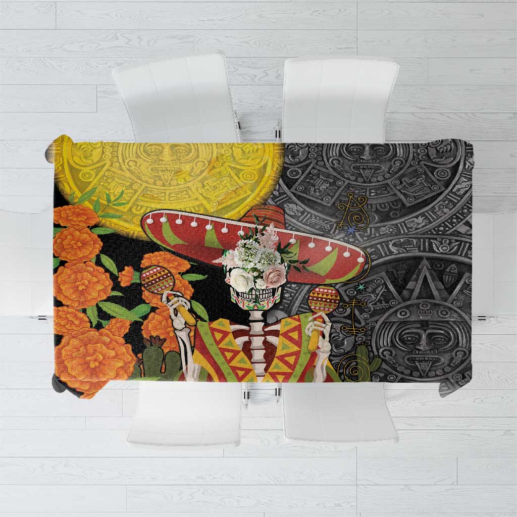 Mexico Dia De Los Muertos Tablecloth Sugar Skull Sombrero Aztec Pattern