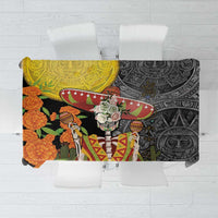 Black tablecloth with Dia de los Muertos sugar skull, sombrero and Aztec pattern