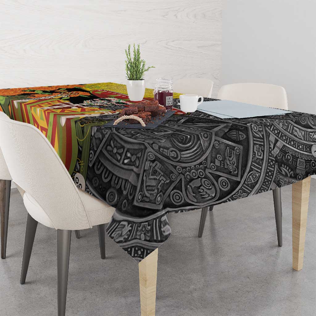 Black tablecloth with Dia de los Muertos sugar skull and Aztec pattern