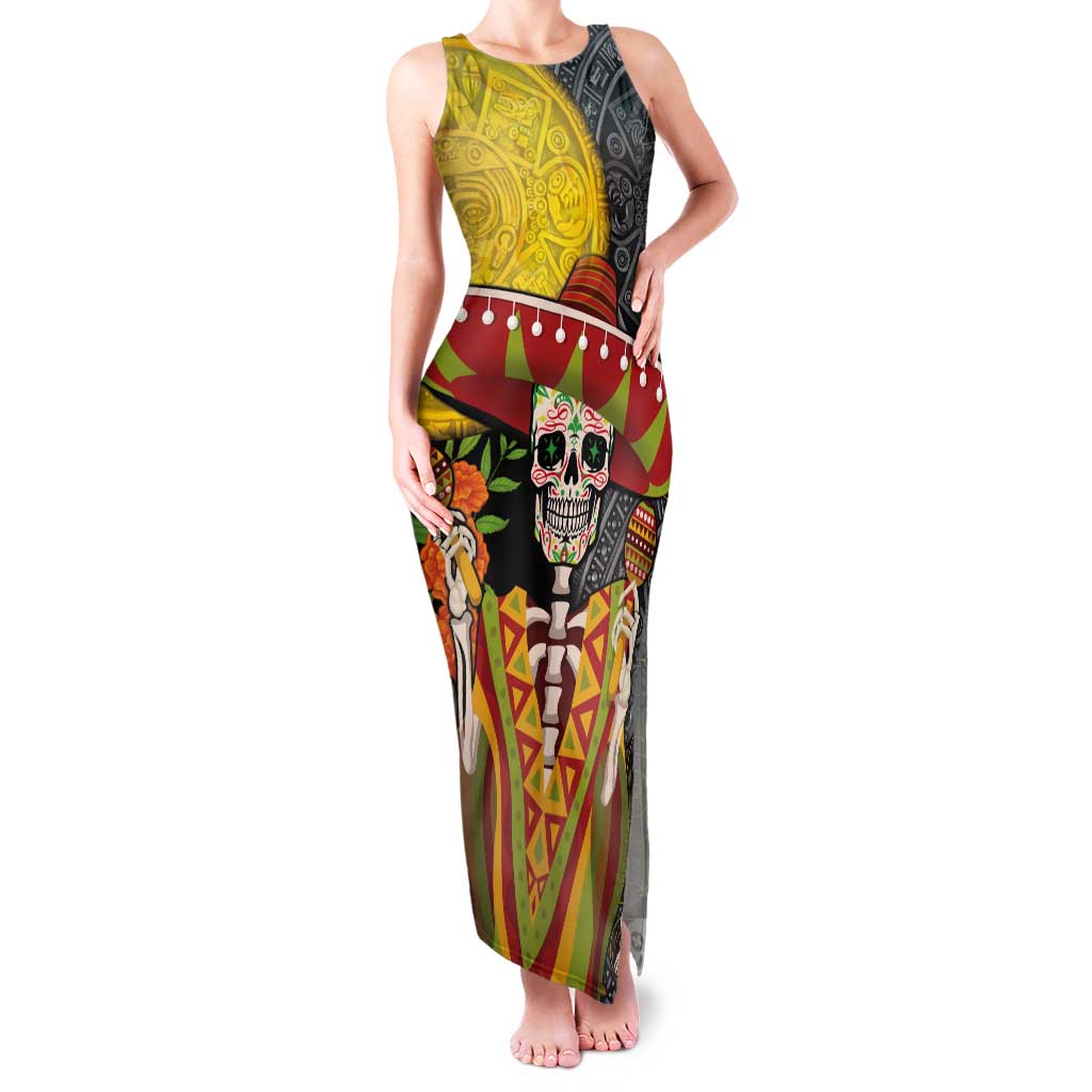 Mexico Dia De Los Muertos Tank Maxi Dress Sugar Skull Sombrero Aztec Pattern