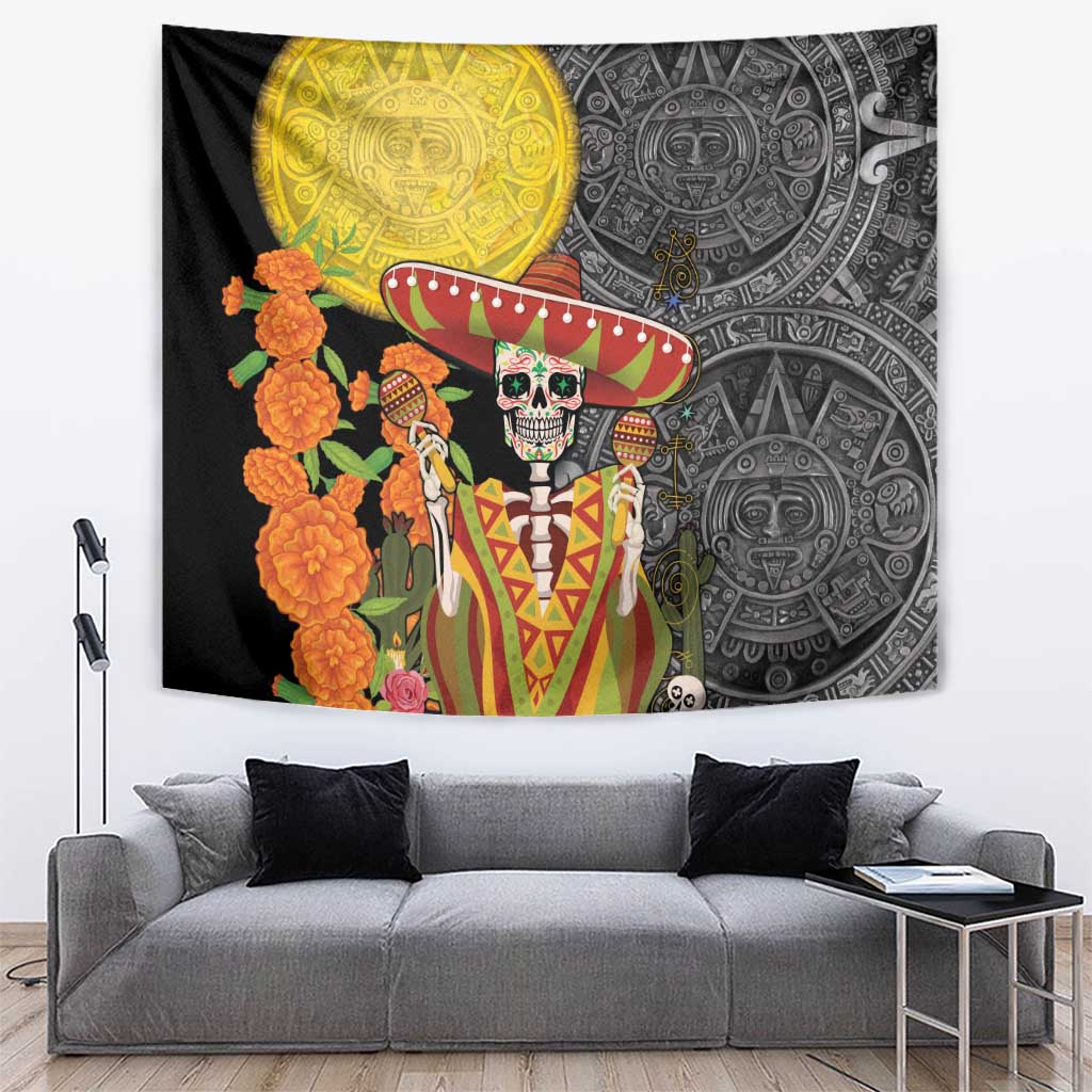 Black Dia de los Muertos tapestry with sugar skull, sombrero, Aztec patterns, orange flowers