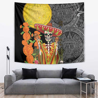 Black Dia de los Muertos tapestry with sugar skull, sombrero, Aztec patterns, orange flowers