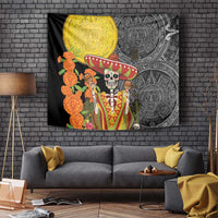 Rectangular tapestry: golden sun design, skeleton in sombrero, Aztec motifs, orange blossoms
