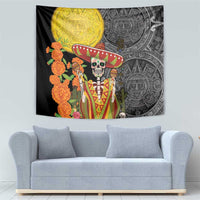 Black tapestry with full sugar skull sombrero, golden sun disc, Aztec circle patterns
