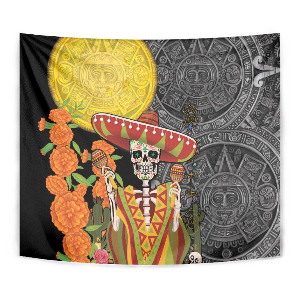 Black tapestry corner fold with golden sun medallion, sombrero skull, Aztec carvings