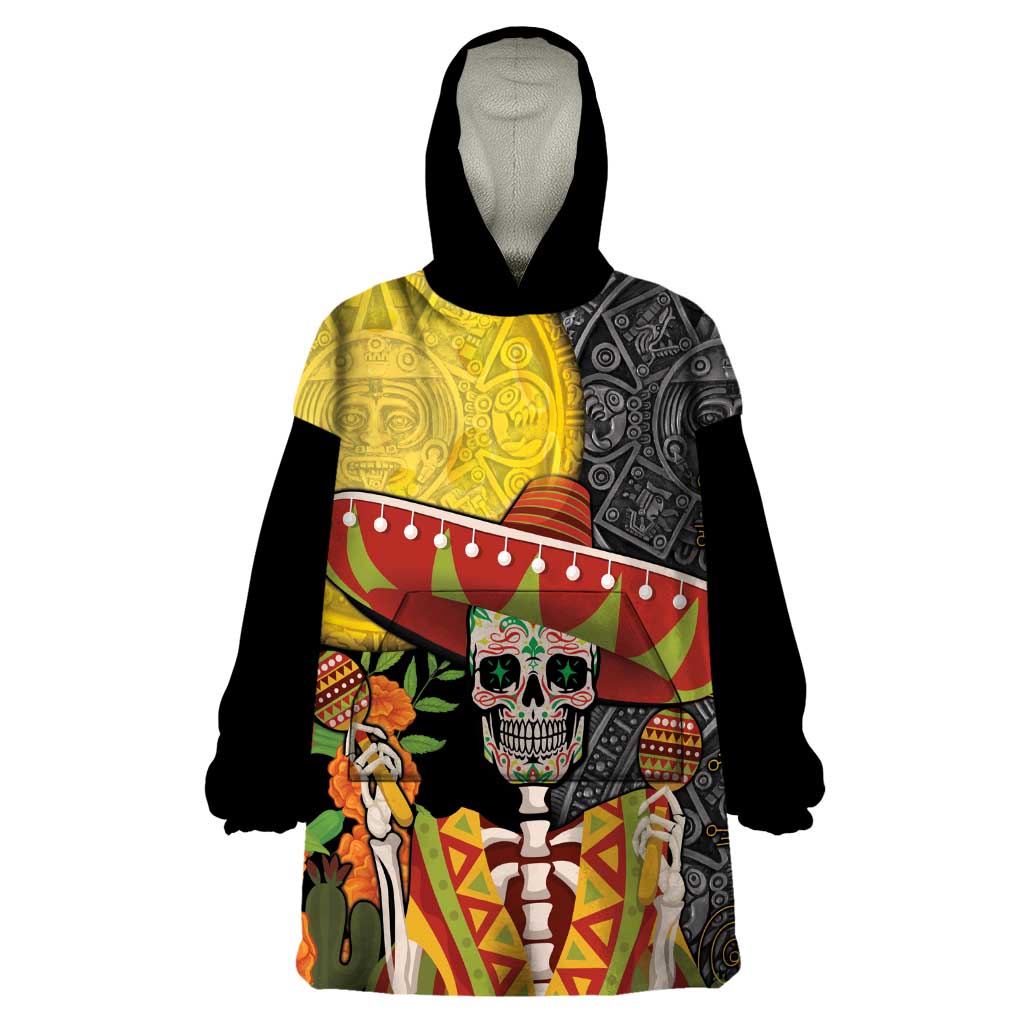 Mexico Dia De Los Muertos Wearable Blanket Hoodie Sugar Skull Sombrero Aztec Pattern