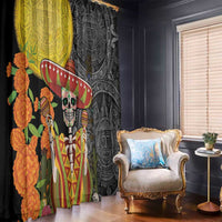 Set of black and yellow window curtain panels with Aztec sugar skull and sombrero design