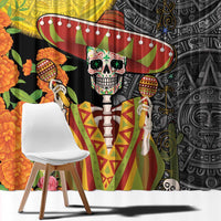 Close view of black and yellow curtain panel with sugar skull face and sombrero motif