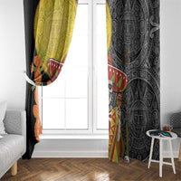Pair of window curtain panels with Aztec sugar skull and sombrero graphics in black and yellow