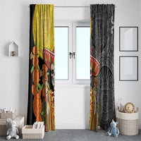 Hanging window curtain panels in black and yellow with Aztec sugar skull and sombrero print