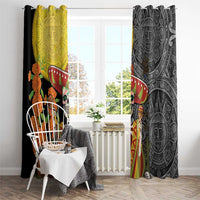 Two hanging curtain panels with Aztec sugar skull and sombrero artwork in black and yellow