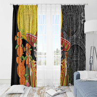 Black and yellow curtain panels with sugar skull and sombrero design, Aztec-inspired pattern