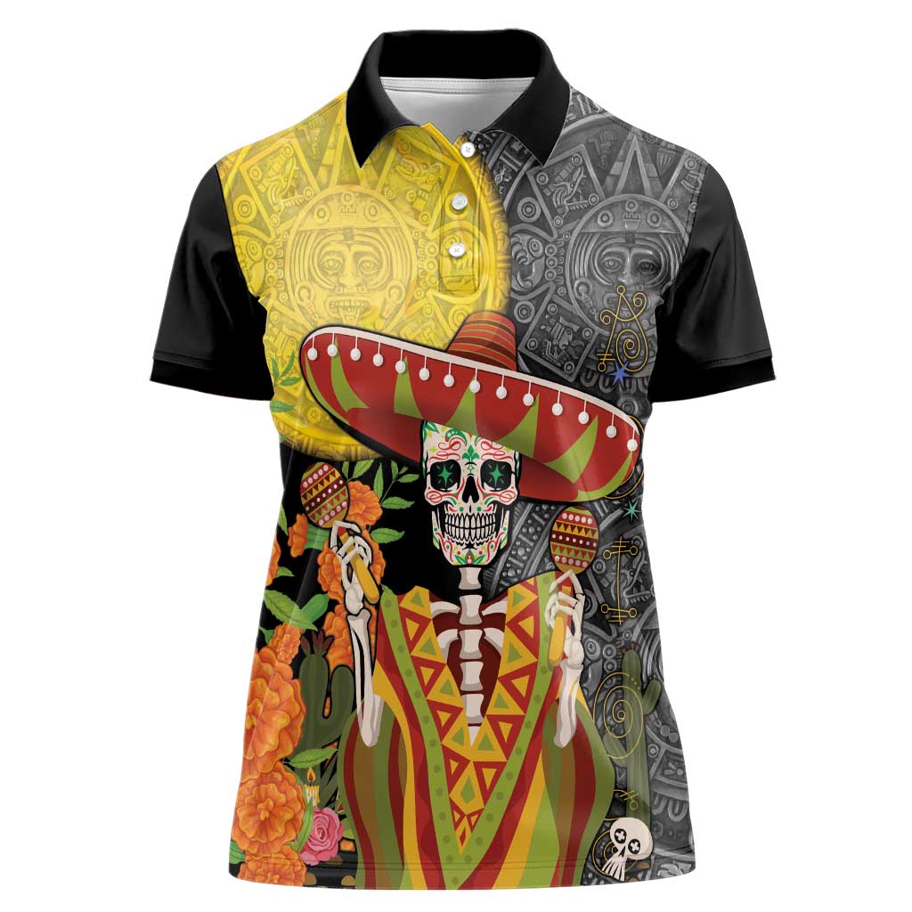 Mexico Dia De Los Muertos Women Polo Shirt Sugar Skull Sombrero Aztec Pattern