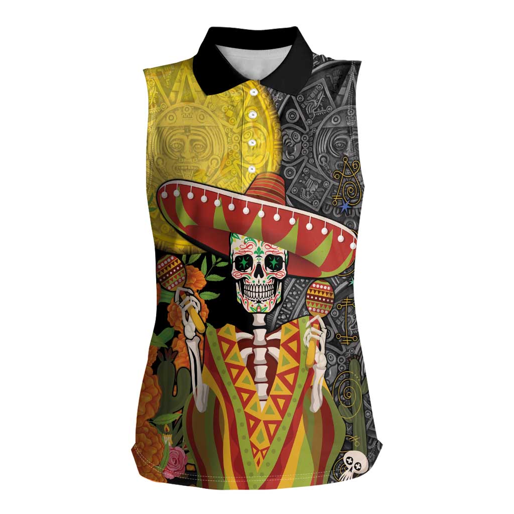 Mexico Dia De Los Muertos Women Sleeveless Polo Shirt Sugar Skull Sombrero Aztec Pattern