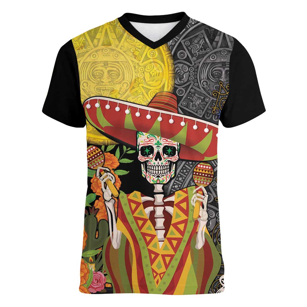 Mexico Dia De Los Muertos Women V-Neck T-Shirt Sugar Skull Sombrero Aztec Pattern